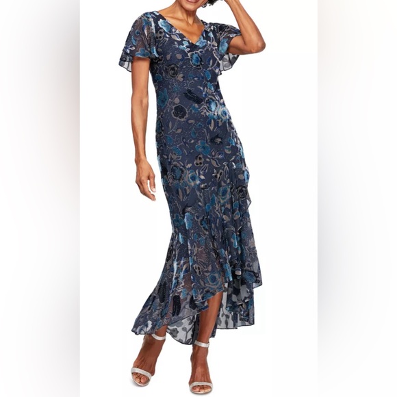 Alex Evenings Dress Womens size 18 Midi Velvet Burnout Dress Floral High Low Hem - Picture 5 of 8